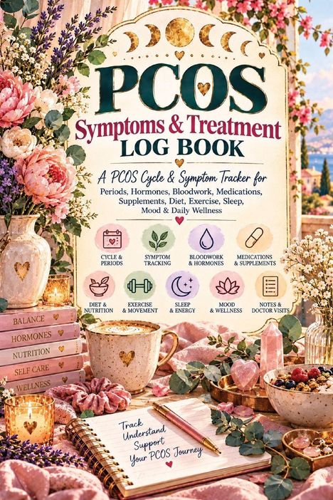 Der Text beschreibt ein Tagebuch zur Verfolgung von PCOS-Symptomen und Behandlungen. Dekoriert mit Blumen und Tassen.