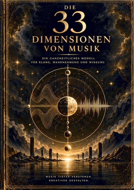Text: "Die 33 Dimensionen von Musik: Ein ganzheitliches Modell für Klang, Wahrnehmung und Wirkung. Musik tiefer verstehen, kreativer gestalten." Illustrierte Weltall-Szene mit Planeten und Berglandschaft.