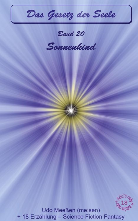 "Das Gesetz der Seele, Band 20, Sonnenkind" in lila Schrift, strahlenförmiges Muster in Gelb und Blau.