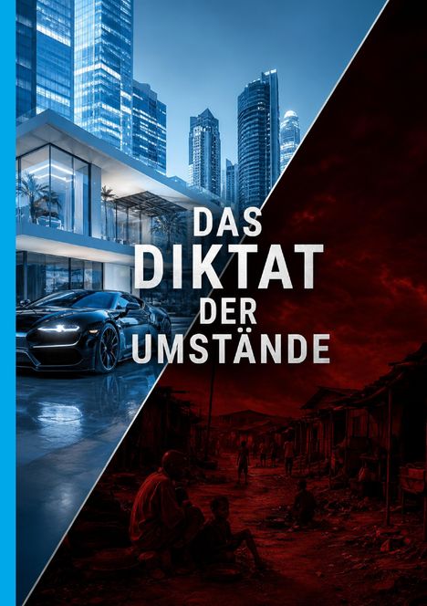„DAS DIKTAT DER UMSTÄNDE“. Links moderne Stadt und Auto, rechts Armenviertel in Rot.