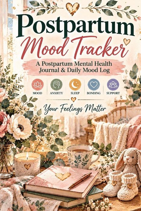 „Postpartum Mood Tracker“, mit Symbolen für Stimmung, Angst, Schlaf, Bindung und Unterstützung. Blumen, Kerzen, Tasse.