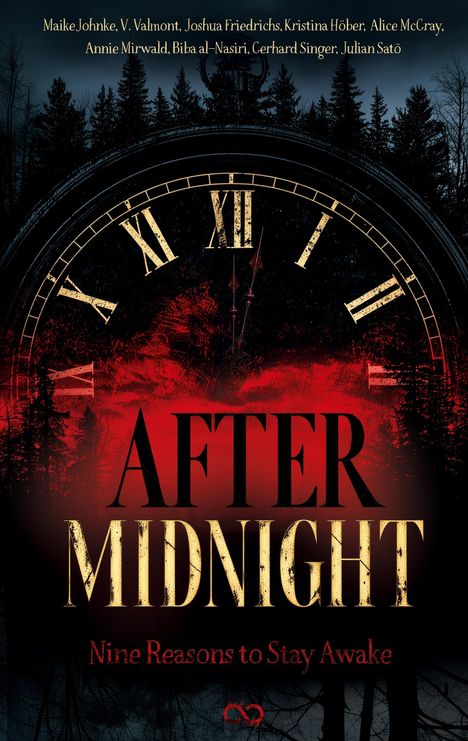 Namen oben, "AFTER MIDNIGHT" groß, "Nine Reasons to Stay Awake" unten. Römische Zahlen auf Uhr, dunkler Waldhintergrund.
