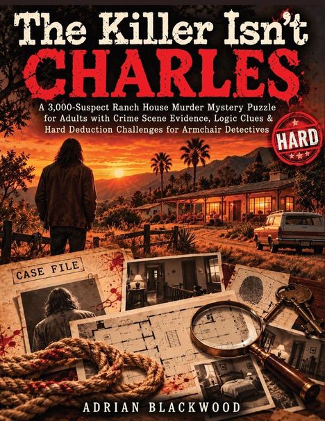 „The Killer Isn't Charles“; ein Mann vor einem Ranch-Haus im Sonnenuntergang, mit Fallakten und Beweisstücken im Vordergrund.