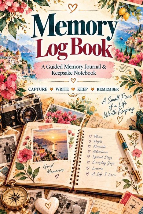 „Memory Log Book: A Guided Memory Journal & Keepsake Notebook.“ Vintage-Kamera, Reisefotos, Kompass, Blumenillustration.