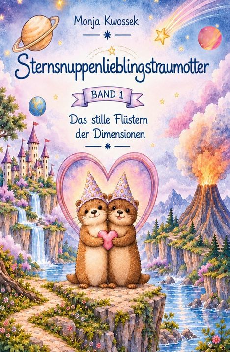 Illustration: Zwei niedliche Otter mit Hüten und Herz, Schloss, Wasserfälle und Vulkan umgeben von Sternenmotiv.