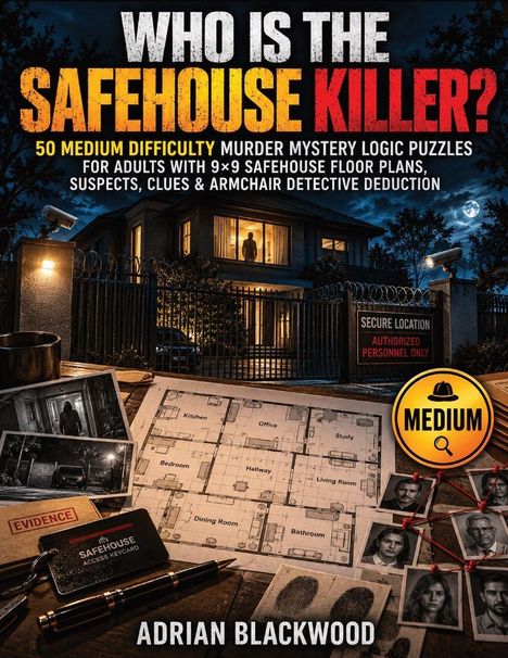 "WHO IS THE SAFEHOUSE KILLER?" steht in großen Buchstaben. Ein Haus ist bei Nacht abgebildet, es gibt Überwachungskameras.