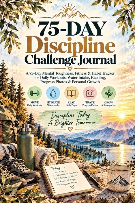 "75-DAY Discipline Challenge Journal" steht oben. Illustration zeigt Wanderausrüstung vor Berglandschaft, Sonnenaufgang über See.