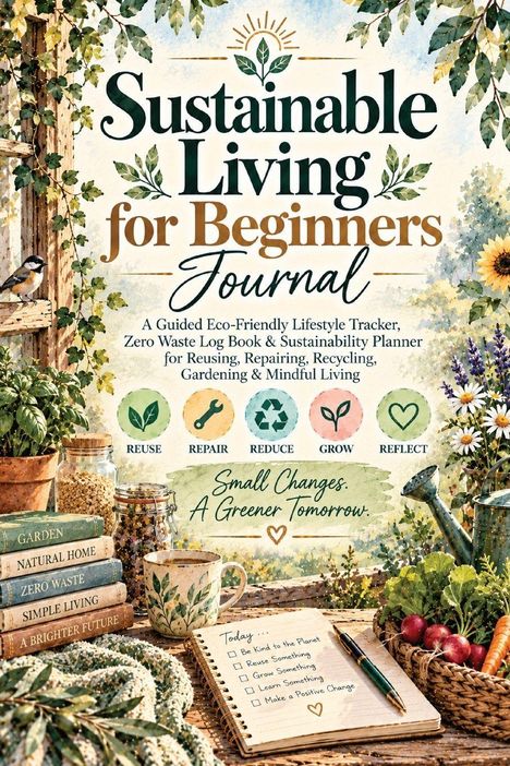 „Sustainable Living for Beginners Journal“; Symbole: Wiederverwenden, Reparieren, Reduzieren, Wachsen, Reflektieren. Naturmotive.