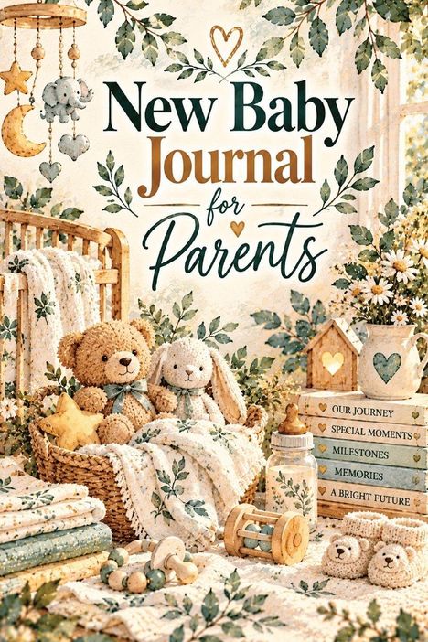 "New Baby Journal for Parents." Weiche Stofftiere, Babyflaschen und Bücher, umgeben von Blumen und Babydeko, schaffen eine gemütliche Atmosphäre.