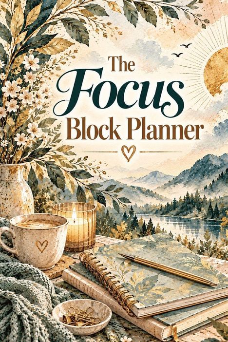 „The Focus Block Planner“. Illustration: Blumen, Berge, Sonne, Tasse, Kerze, Planner mit Stift und Klammern.