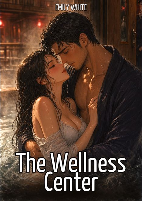 Titel: „The Wellness Center“; Name: „Emily White“. Illustration eines Paars umarmt sich in einem warmen, dampfenden Bad.