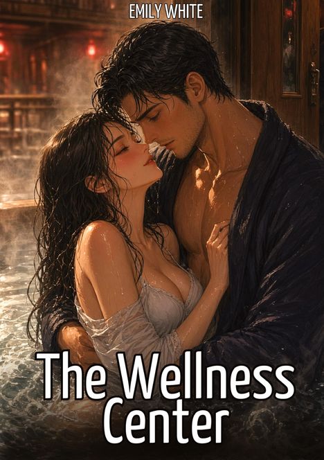 „The Wellness Center“ und „Emily White“ sind die Texte. Zwei Menschen in einer romantischen Umarmung im Wasser.