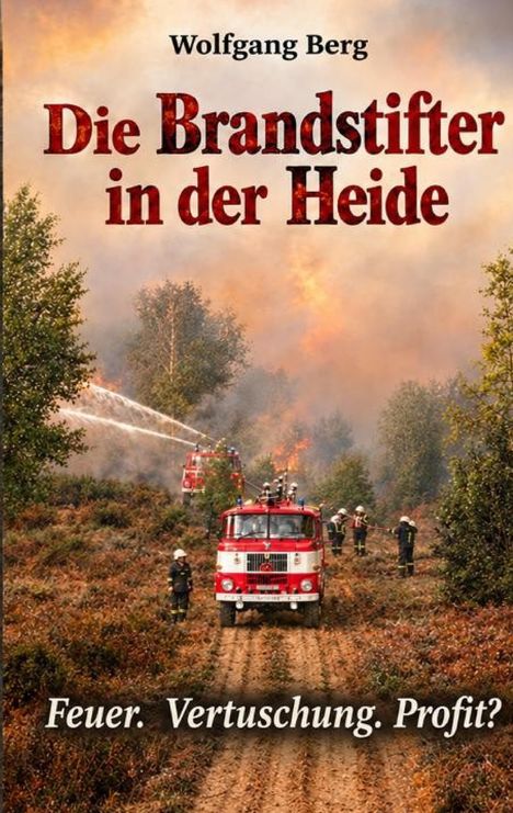 Cover für "Die Brandstifter in der Heide" von Wolfgang Berg. Feuerwehrfahrzeuge und Rauch in einer bewaldeten Landschaft.