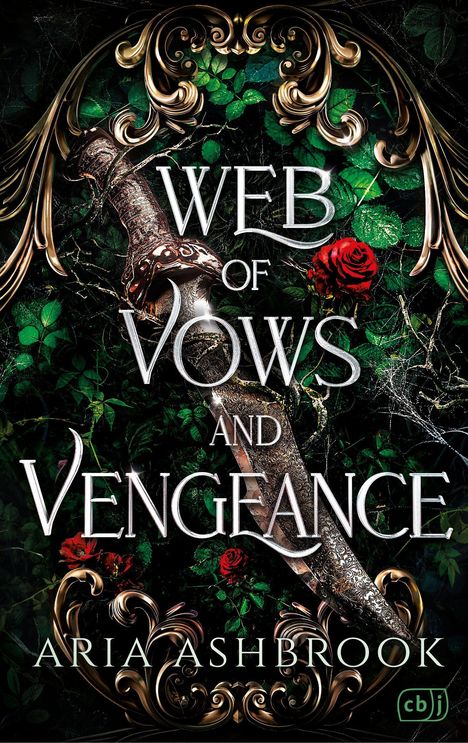 "Web of Vows and Vengeance, Aria Ashbrook" steht vor dekorativen Ranken, einem Dolch und roten Rosen mit einem Logo unten rechts.