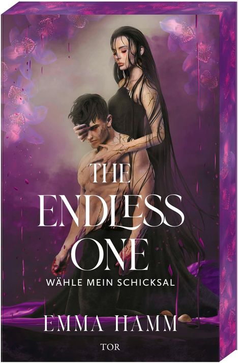 „THE ENDLESS ONE. WÄHLE MEIN SCHICKSAL. EMMA HAMM. TOR.“ Zwei Personen, Frau im schwarzen Kleid, Mann kniend.