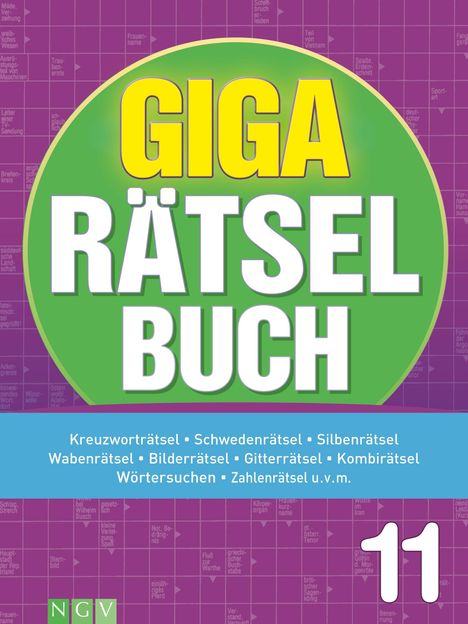 GIGA RÄTSEL BUCH. Kreuzworträtsel, Schwedenrätsel, Silbenrätsel u.v.m. Lilafarbener Hintergrund mit Rätselmuster.