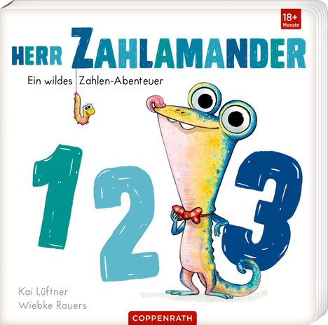 Titel: "Herr Zahlamander: Ein wildes Zahlen-Abenteuer." Illustration eines bunten Salamanders neben Zahlen 1, 2, 3.