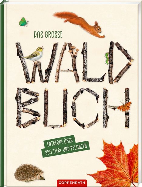 Titel: "Das grosse WALD BUCH". "Entdecke über 350 Tiere und Pflanzen". Illustrationen von Waldtieren und Pflanzen.
