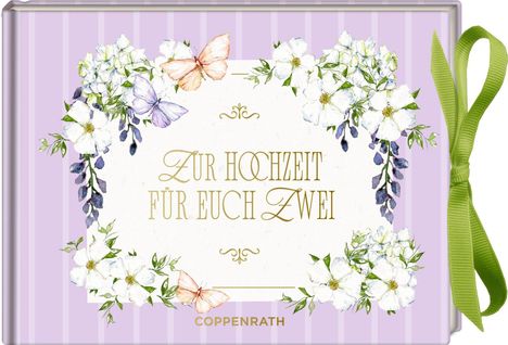 "Zur Hochzeit für euch zwei" in elegantem Gold auf einer lila Karte mit Blumen und Schmetterlingen.