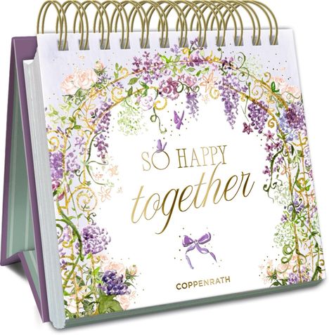 "So happy together" steht in der Mitte, darunter "Coppenrath". Buntes florales Design mit lila und grünen Akzenten.