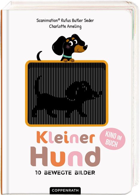 Texte: "Kleiner Hund", "Kino im Buch", "10 bewegte Bilder". Illustration eines Hundes über einem beweglichen Bild.