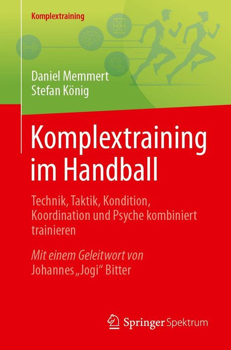 "Komplextraining im Handball" von Daniel Memmert und Stefan König. Grüner Hintergrund, rote Elemente, Springer-Logo.