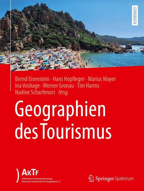 "Geographien des Tourismus" steht groß auf einem roten Hintergrund. Oben ein Strand mit vielen bunten Sonnenschirmen.