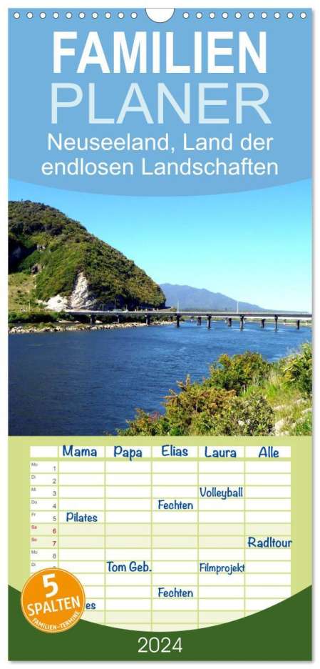 Christian Bosse: Familienplaner 2024 - Neuseeland, Land der endlosen Landschaften mit 5 Spalten (Wandkalender, 21 x 45 cm) CALVENDO, Kalender