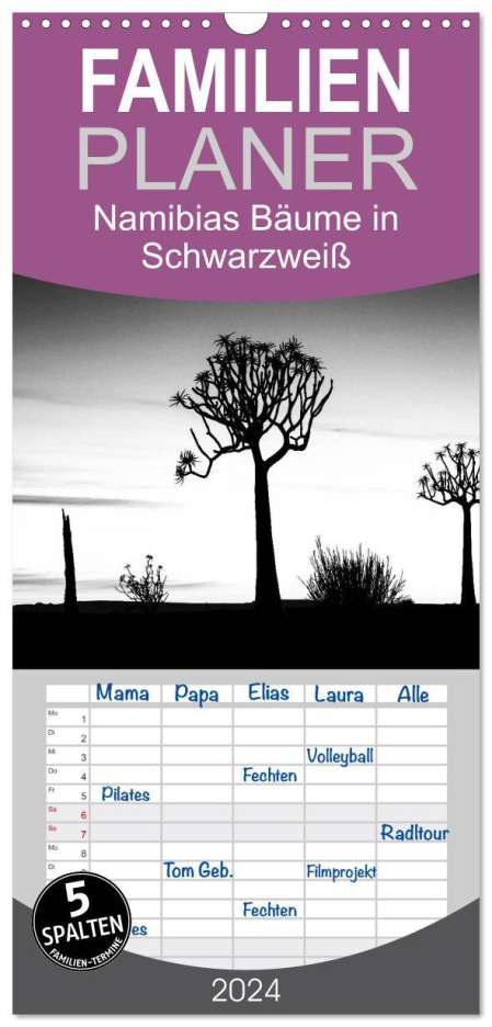Anne Berger: Familienplaner 2024 - Namibias Bäume in Schwarzweiß mit 5 Spalten (Wandkalender, 21 x 45 cm) CALVENDO, Kalender