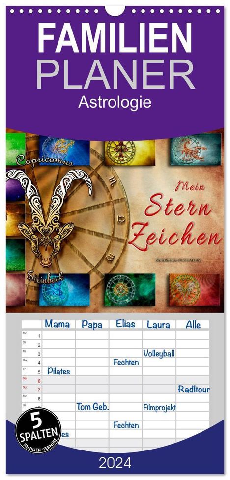 Peter Roder: Familienplaner 2024 - Mein Sternzeichen mit 5 Spalten (Wandkalender, 21 x 45 cm) CALVENDO, Kalender
