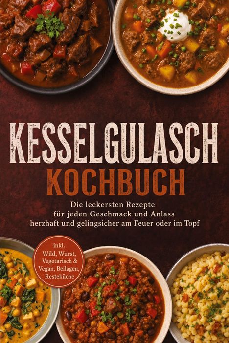 "Kesselsuppe Kochbuch" und Teller mit buntem Gulasch, Curry und Beilagen.