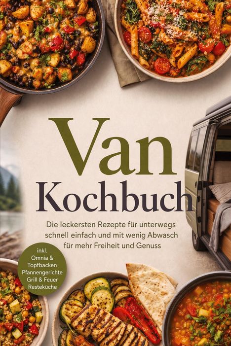 „Van Kochbuch“: Rezepte unterwegs, schnell, einfach, wenig Abwasch. Bild zeigt bunte, herzhaft-garnierte Gerichte.
