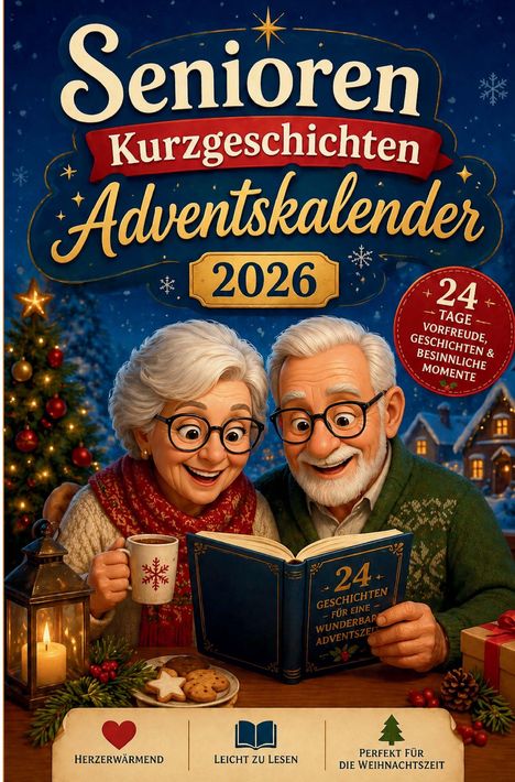 "Senioren Kurzgeschichten Adventskalender 2026". Ein älteres Paar, das fröhlich ein Buch liest, umgeben von Weihnachtsdekorationen.