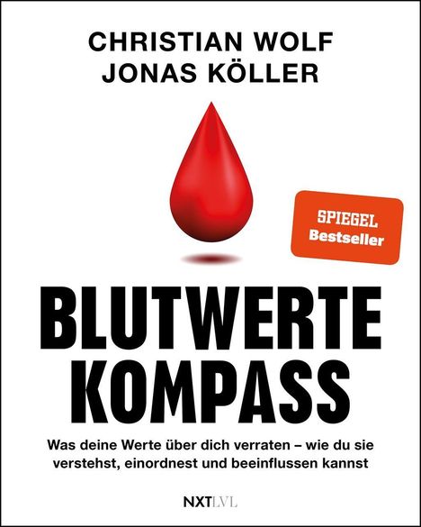 Text: „Christian Wolf, Jonas Köller, Blutwerte Kompass.“ Darunter: „Was deine Werte über dich verraten…“   
Bild: Roter Blutstropfen.