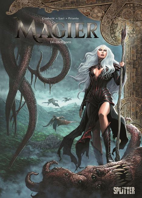 "Magier 14 - Helligorn" und "Splitter". Eine Frau mit langem weißem Haar steht vor Tentakeln, zwei Drachen fliegen.