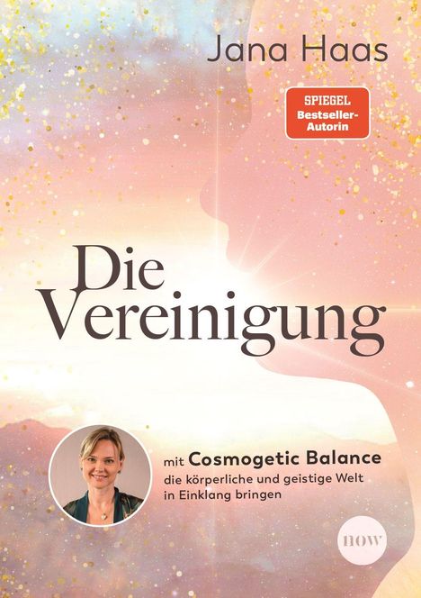 "Jana Haas, Die Vereinigung mit Cosmogenetic Balance." Frau in weißem Kleid vor einem strahlend goldenen Hintergrund.