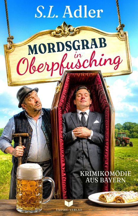 Schriftzug „Mordsgrab in Oberpfusching“. Ein Bauer und ein Mann im Anzug im Sarg. Ein Bierkrug, ein Traktor im Hintergrund.