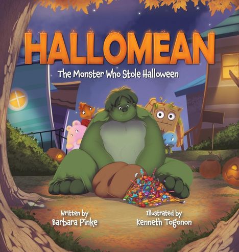 Titel: "HALLOMEAN: The Monster Who Stole Halloween". Ein grünes Monster sitzt mit Süßigkeiten, umgeben von neugierigen Tieren.