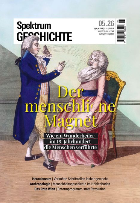 Spektrum GESCHICHTE 05.26. "Der menschliche Magnet." Ein Mann und eine Frau im historischen Gewand interagieren.