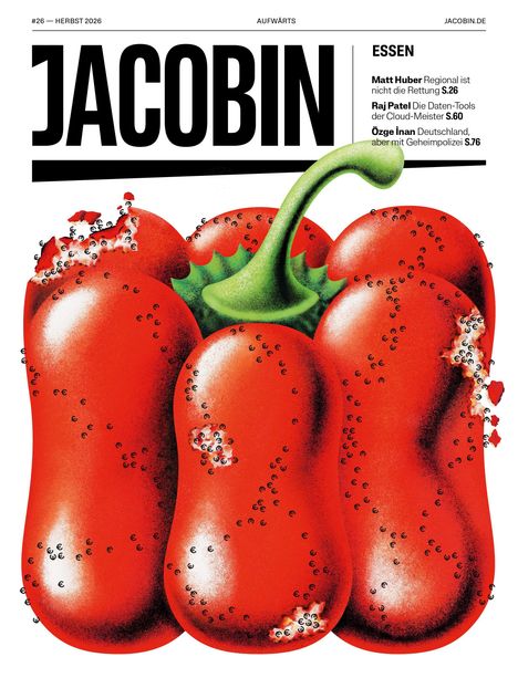 Text oben: "JACOBIN", "ESSEN", "Matt Huber...", "Raj Patel...", "Özge Inan...". Große rote Paprika mit Euro-Symbolen.