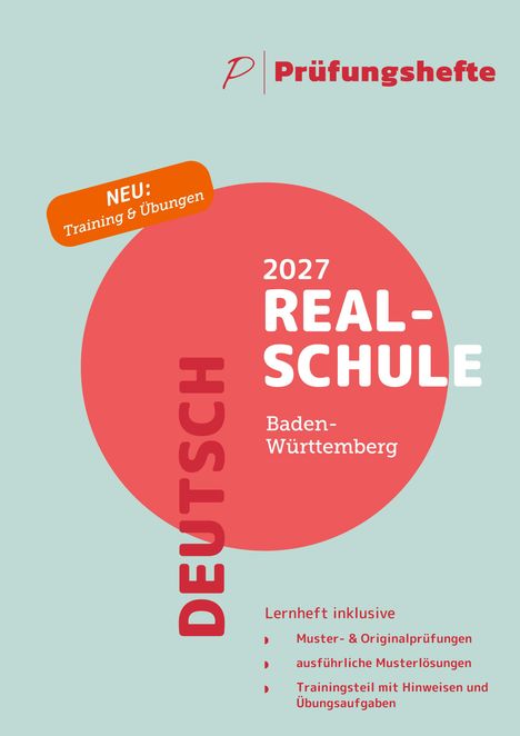 "Prüfungsmaterial 2027 Realschule Baden-Württemberg. Deutsch. Neu: Training & Übungen. Pastellfarbene, moderne Gestaltung."