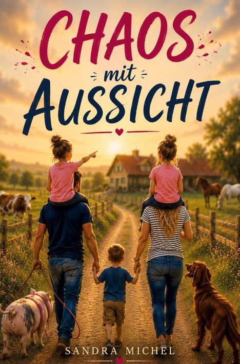 "CHAOS mit AUSSICHT" steht über einer Szene, in der eine Familie mit Kindern und Haustieren auf einem ländlichen Weg spaziert.