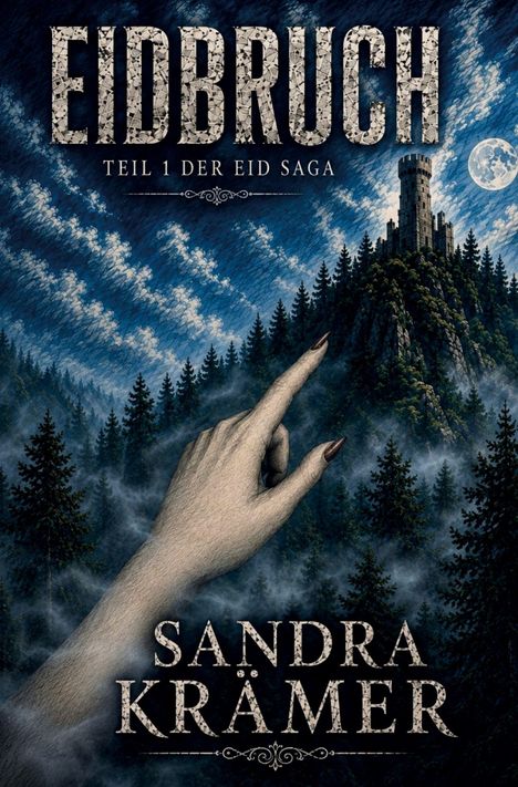"EIDBRUCH", "Teil 1 der Eid Saga", "Sandra Krämer." Eine Hand zeigt auf einen Hügel mit Turm, umgeben von Wald und Vollmond.