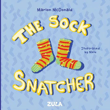 "The Sock Snatcher" in bunten Buchstaben, umgeben von gestreiften Socken auf hellblauem Hintergrund.