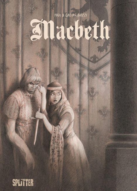 "Macbeth". Illustration von zwei Personen: Eine hält ein Schwert, die andere flüstert ihr zu. Hintergrund gemustert.