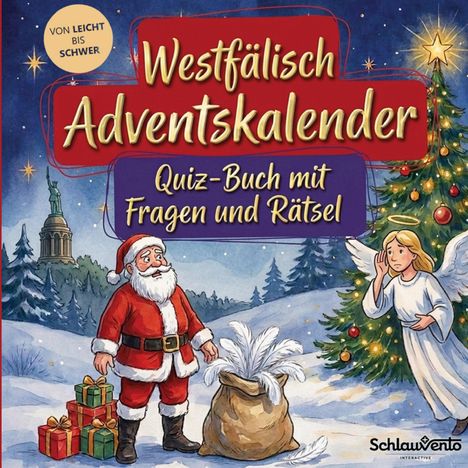 „Westfälisch Adventskalender. Quiz-Buch mit Fragen und Rätsel.“ Ein Weihnachtsmann, Geschenke, Engel und Weihnachtsbaum.