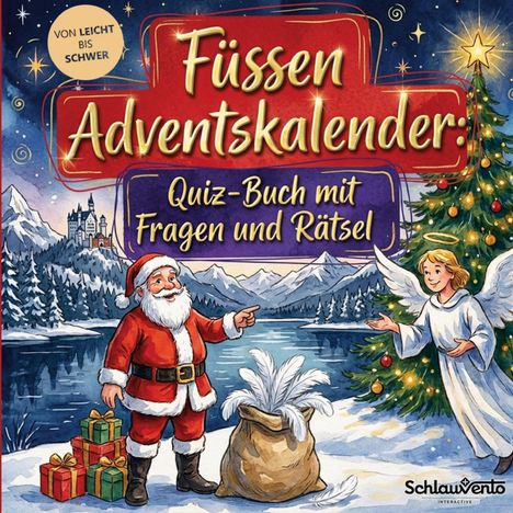 "Füssen Adventskalender: Quiz-Buch mit Fragen und Rätsel." Ein Weihnachtsmann mit Geschenken, ein Engel, ein Baum.