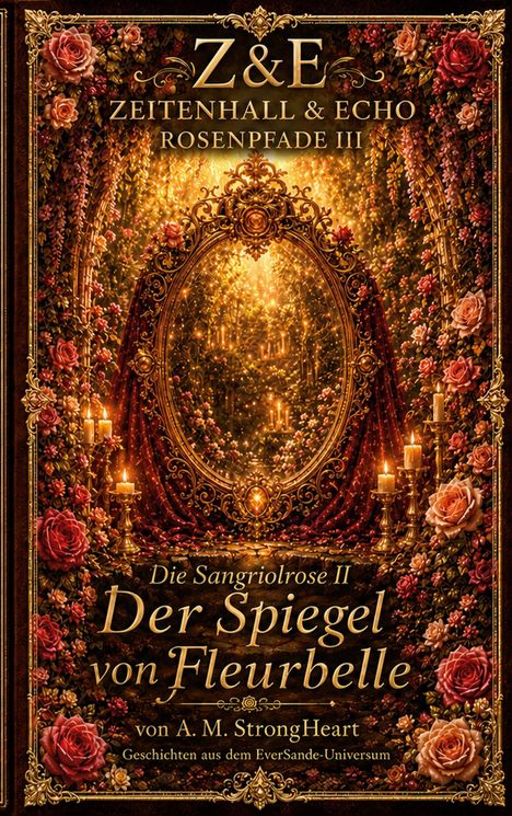 Das Buchcover zeigt Rosen, Kerzen und einen prachtvollen, goldenen Rahmen um einen Spiegel.