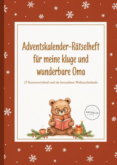 "Adventskalender-Rätselheft für meine kluge und wunderbare Oma." Illustration eines Teddybären mit Schal und Buch.