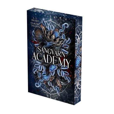 L. J. Heart, Claudia Tallian, "Sangvarn Academy". Ein dekorativer Umschlag mit einem Raben und leuchtenden blauen Blättern.